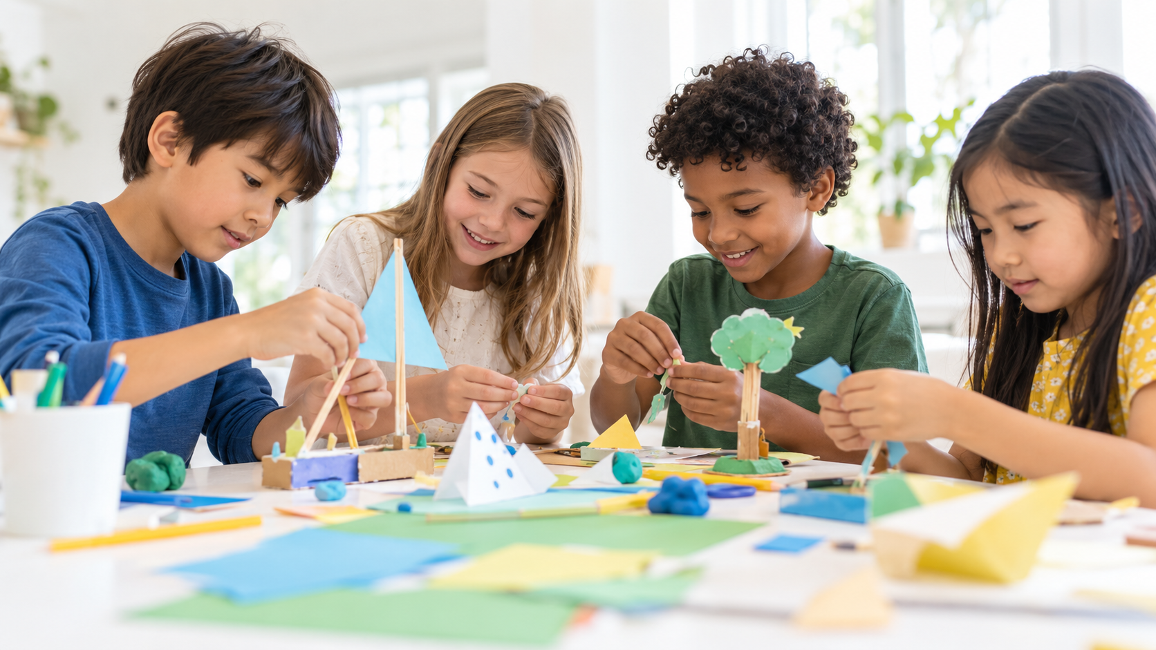 Children collaborating on hands-on paper crafts and creative projects
