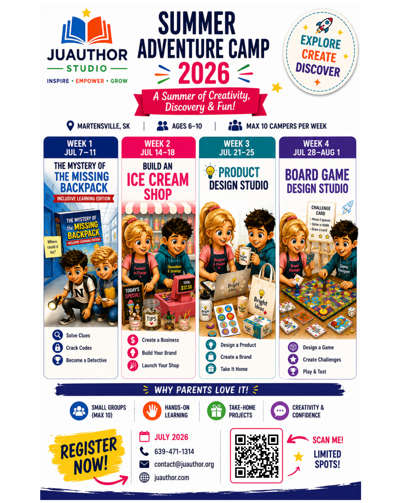 Summer Adventure Camp 2026 flyer — four weeks of themed camps in Martensville, SK