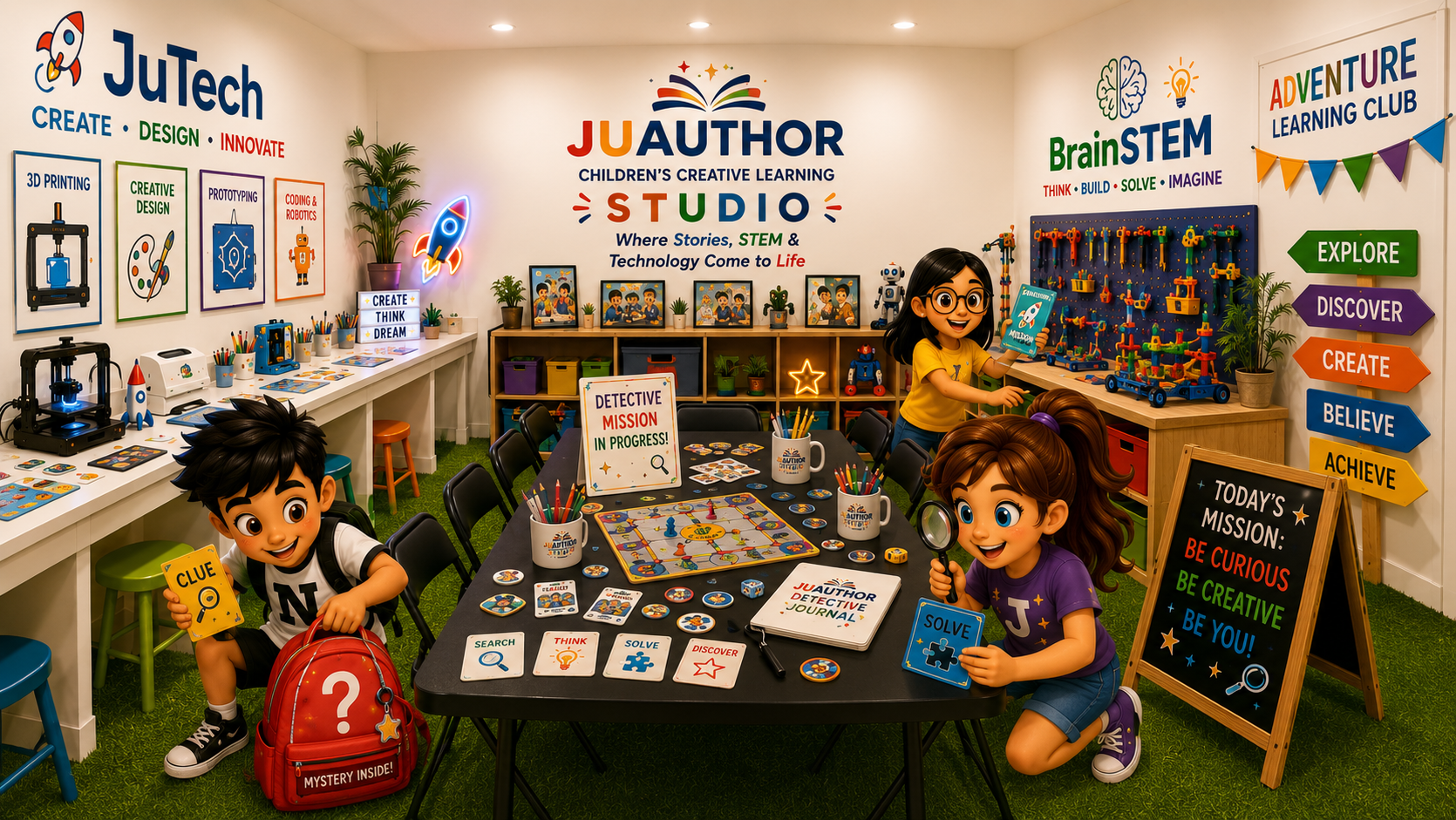 JUAUTHOR Studio — a creative learning space where children explore STEM, design, and storytelling through hands-on activities